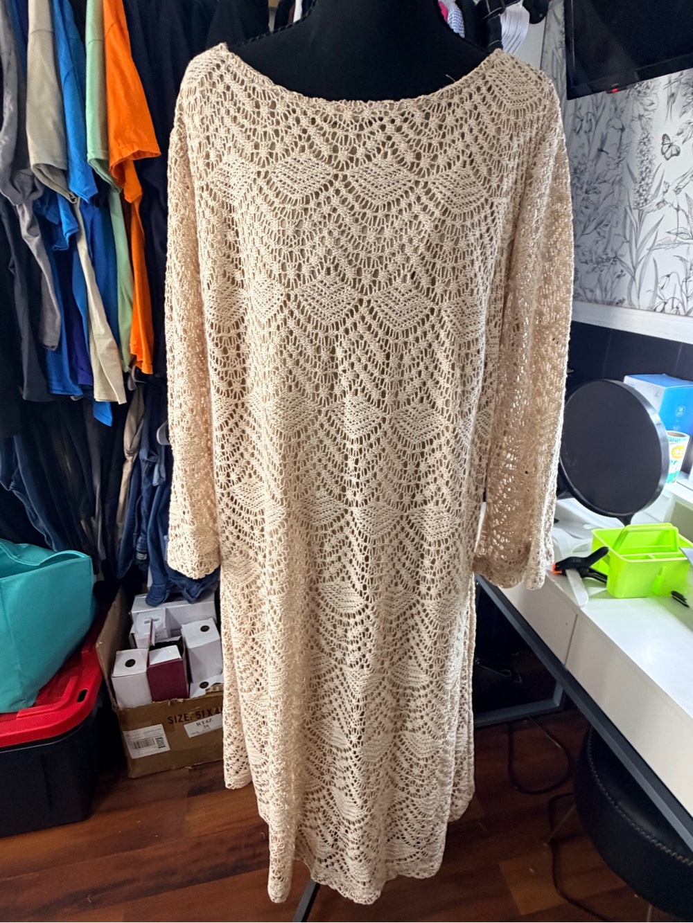 Sharagano Cream Open Crochet Long Sleeve Dress